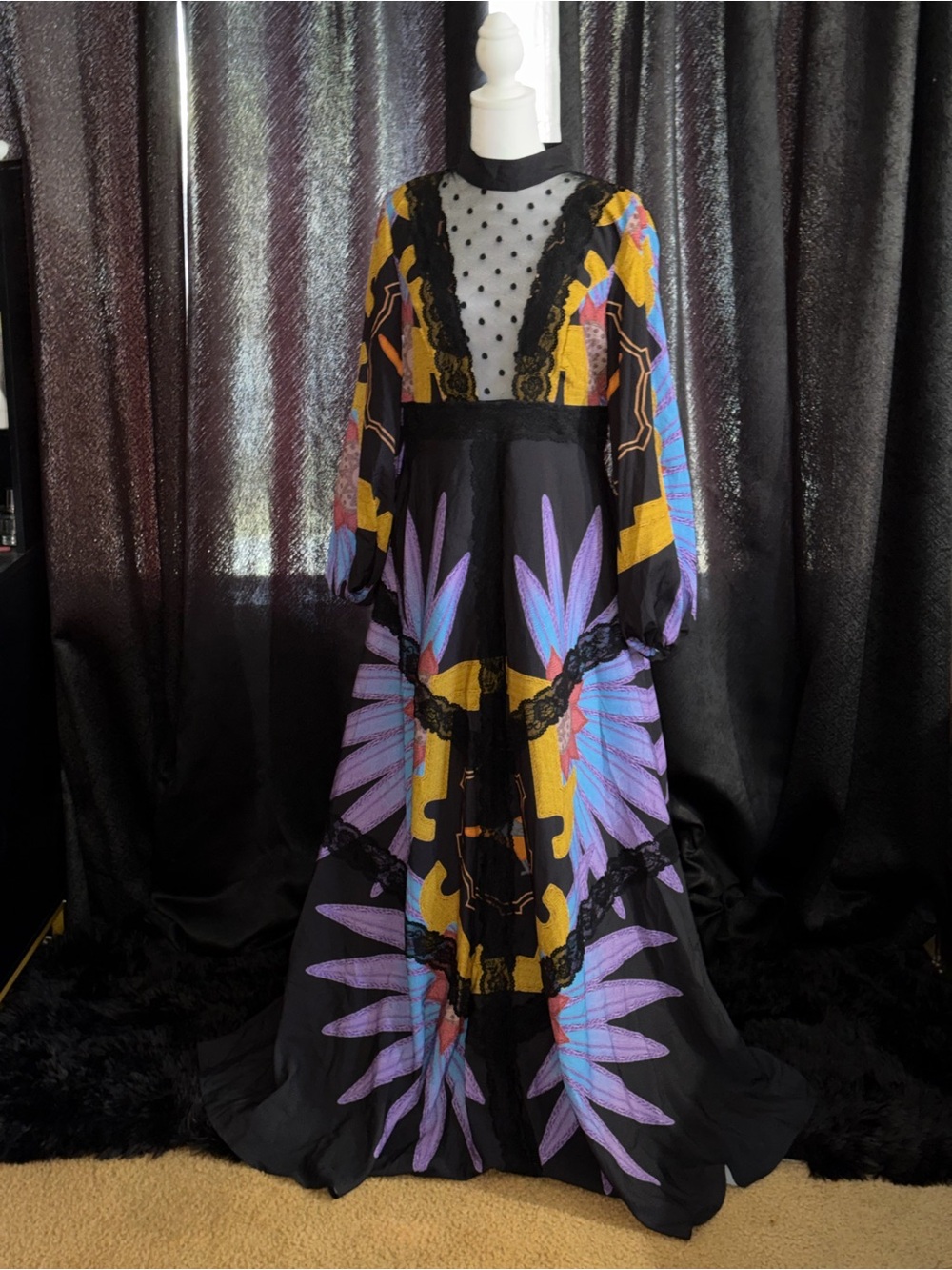 SHEIN Black Maxi Dress with Purple & Yellow Floral Accents